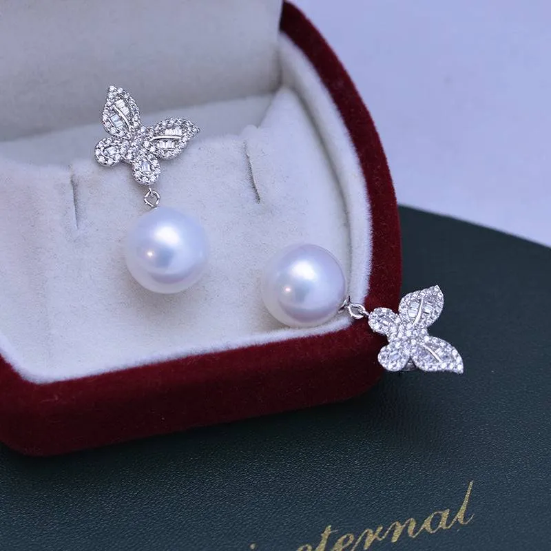 11-12mm Freshwater Pearl & Butterfly Silver Earrings