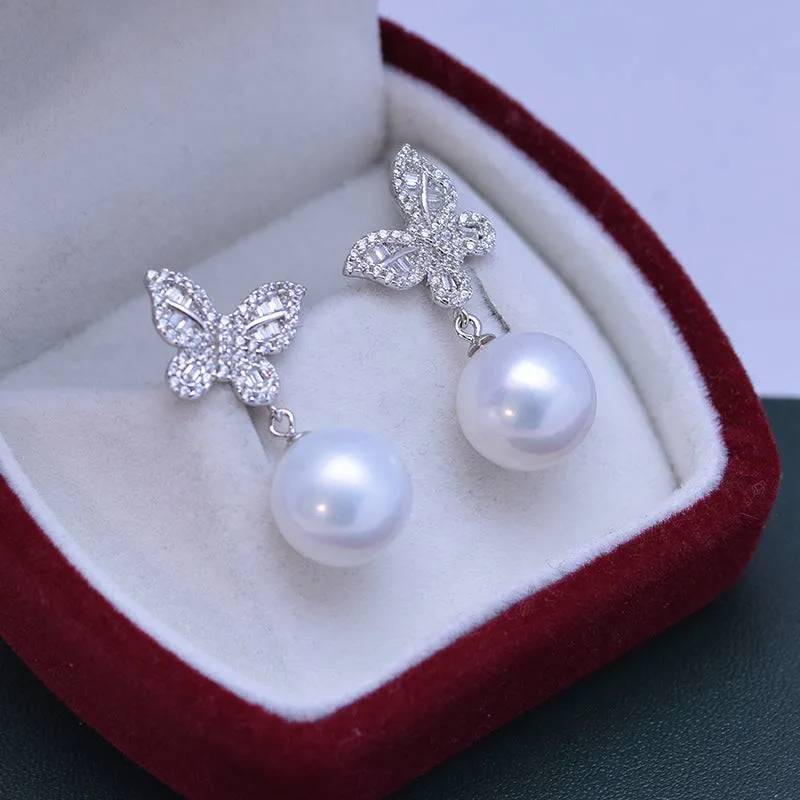 11-12mm Freshwater Pearl & Butterfly Silver Earrings