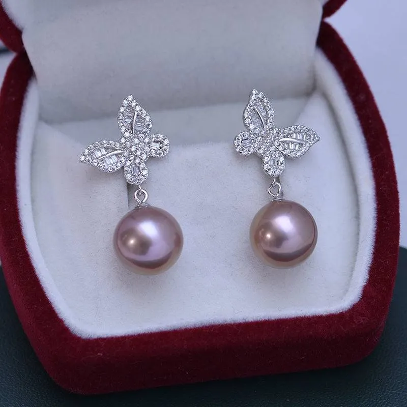 11-12mm Freshwater Pearl & Butterfly Silver Earrings