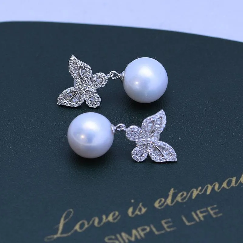 11-12mm Freshwater Pearl & Butterfly Silver Earrings