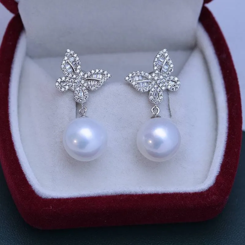 11-12mm Freshwater Pearl & Butterfly Silver Earrings