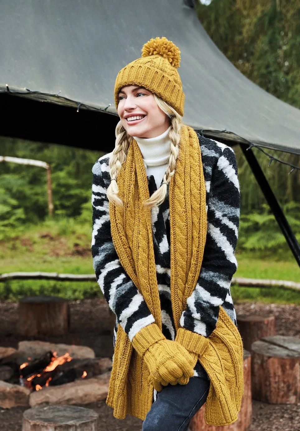 Cable Knit Melange Scarf | MUSTARD