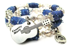 Country Music Guitar Large Blue Jean Beaded Wrap Bracelet