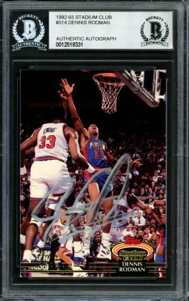 Dennis Rodman Autographed 1992-93 Stadium Club Card #314 Detroit Pistons Signed In Silver Beckett BAS #12518331