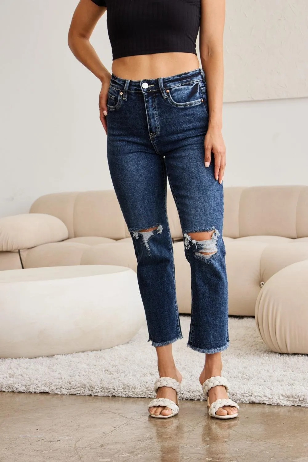 Distressed High Waist Raw Hem Jeans