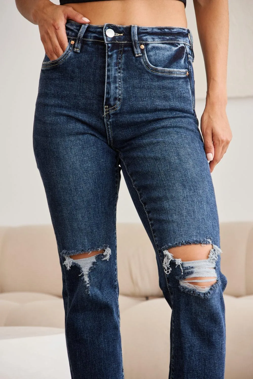 Distressed High Waist Raw Hem Jeans