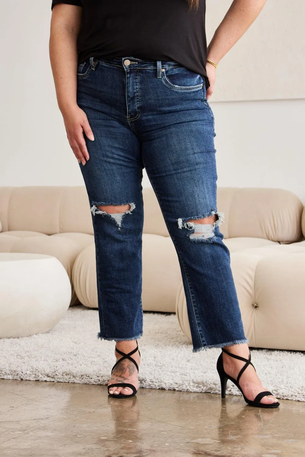 Distressed High Waist Raw Hem Jeans