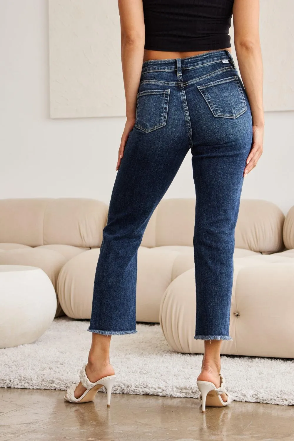 Distressed High Waist Raw Hem Jeans