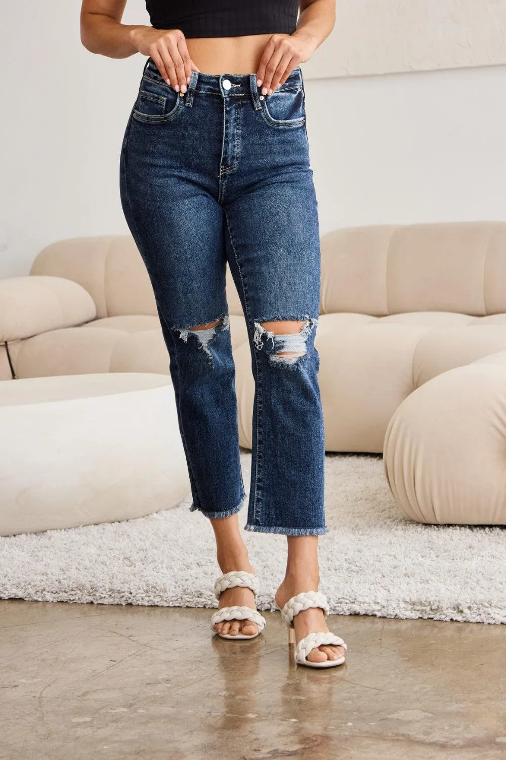 Distressed High Waist Raw Hem Jeans