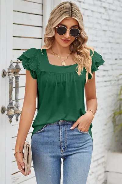 Eyelet Square Neck Cap Sleeve Blouse