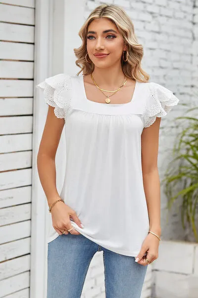 Eyelet Square Neck Cap Sleeve Blouse