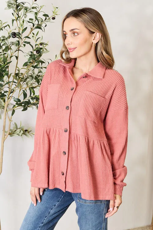 Full Size Waffle-Knit Button Down Blouse