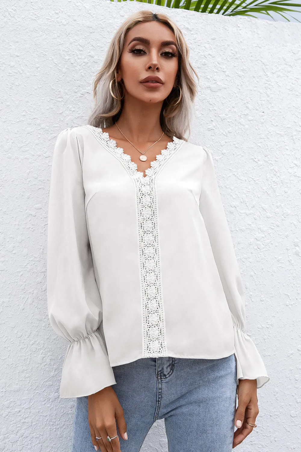 Lace Trim Flounce Sleeve Blouse, 3 Colors