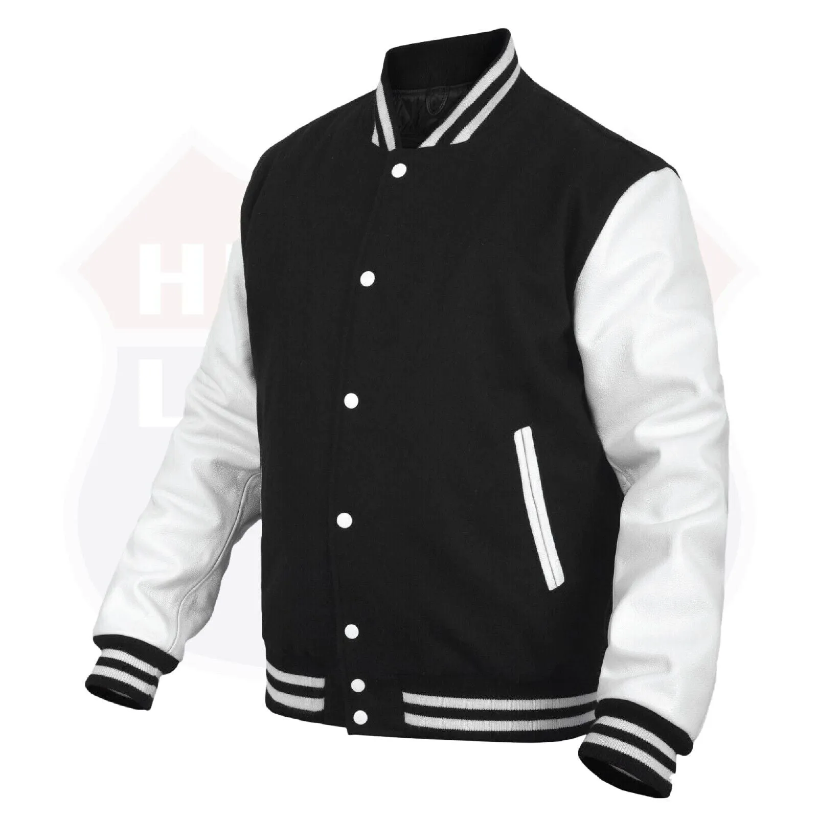 Leather Varsity Jacket Letterman Jacket Baseball Jacket Banded Collar 2802BLK/WHT