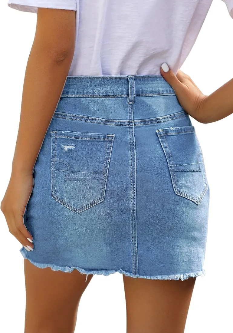 Light Blue Distressed Frayed Hem Denim Mini Skirt