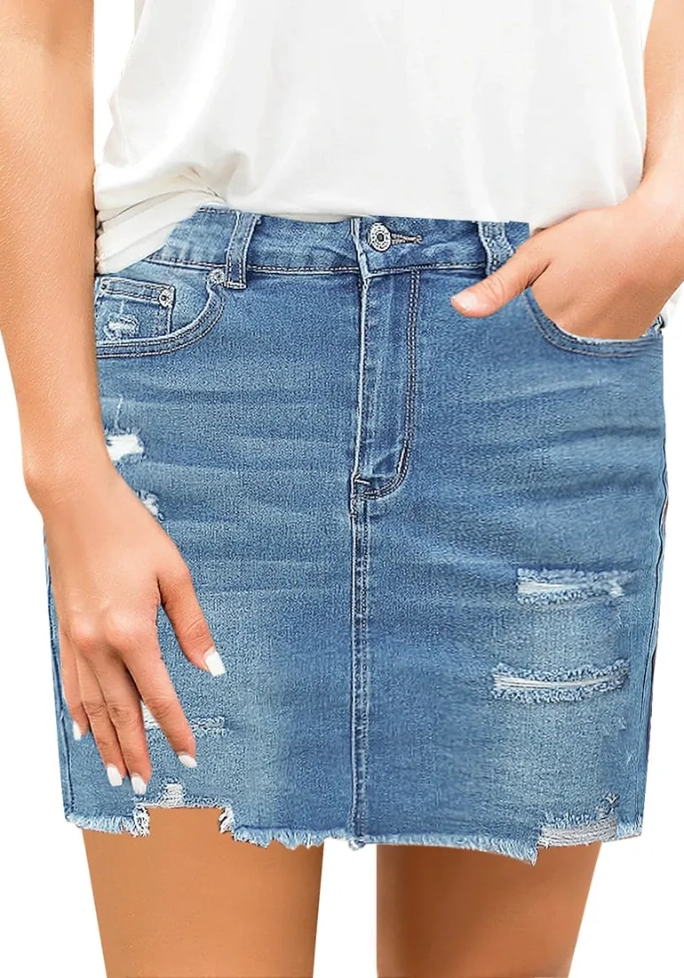 Light Blue Distressed Frayed Hem Denim Mini Skirt