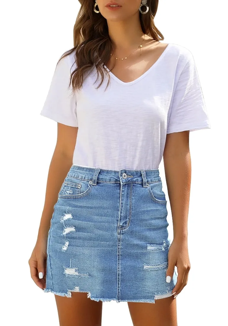 Light Blue Distressed Frayed Hem Denim Mini Skirt