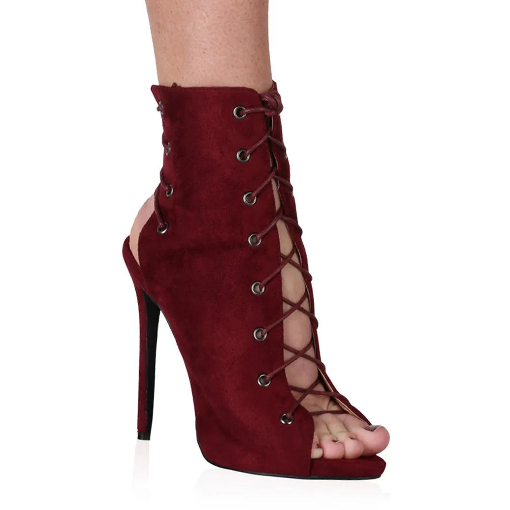 Melina Stiletto Ankle Boots in Bordeaux Faux Suede