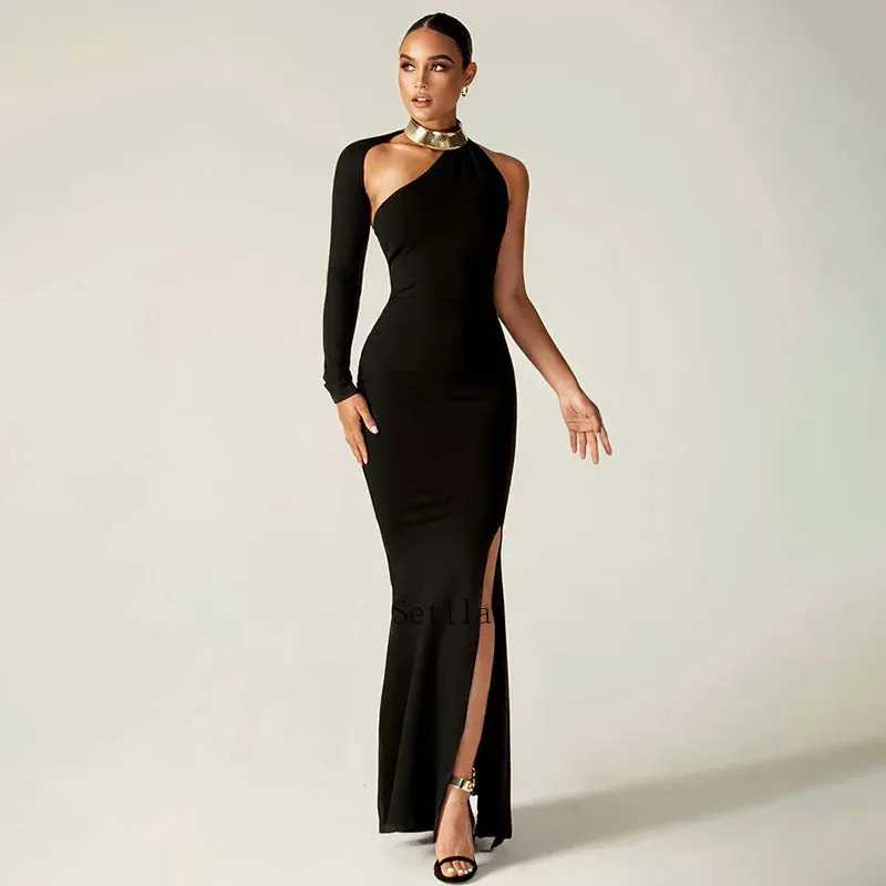 One Shoulder Split Long Sleeve Maxi Dress