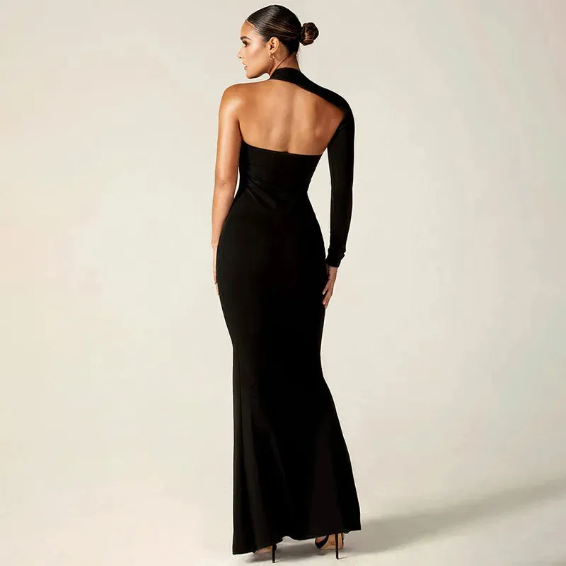 One Shoulder Split Long Sleeve Maxi Dress