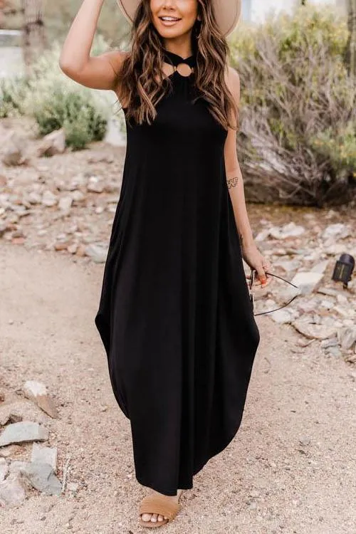 Pockets Halter Neck Slit Maxi Dress