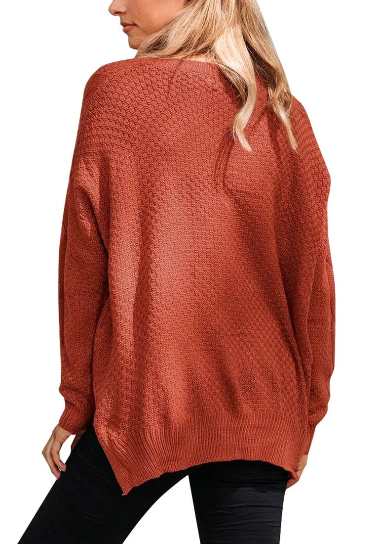 Rust Red Ribbed Knit Textured Side-Slit Sweater