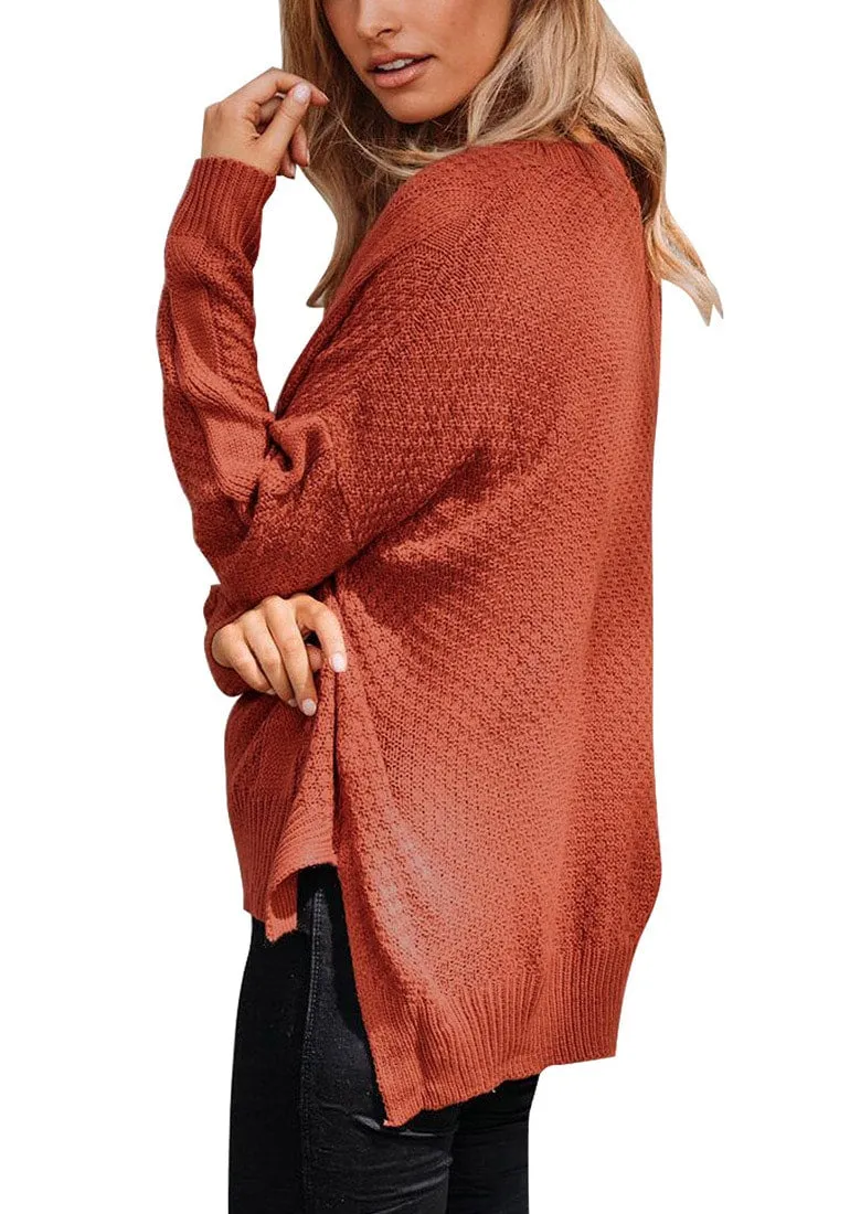 Rust Red Ribbed Knit Textured Side-Slit Sweater