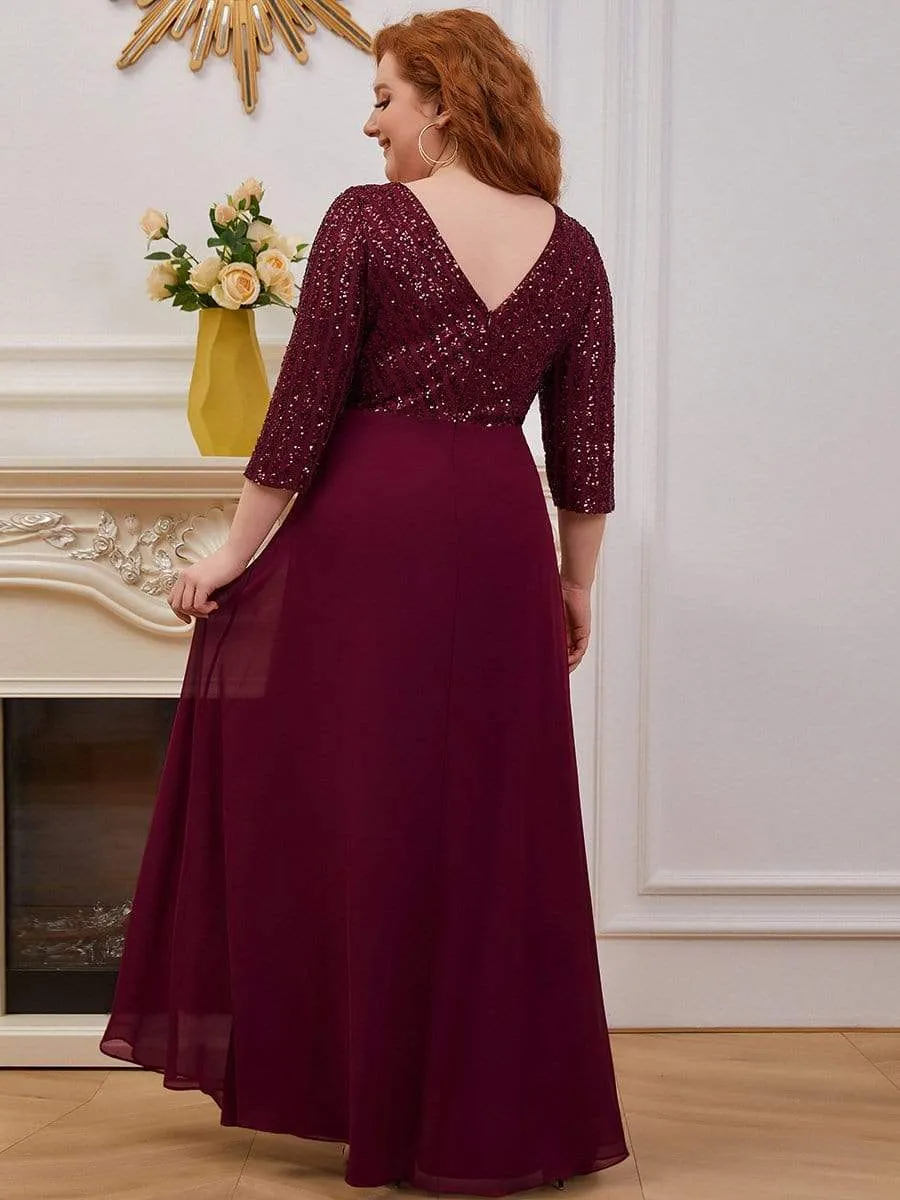 Sexy V Neck Sequin Evening Dresses with 3/4 Sleeve