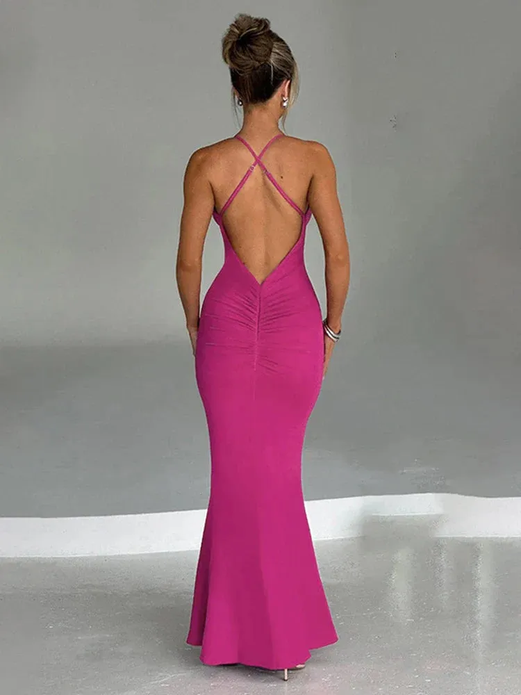 Slim Bodycon Long Deep V Neck Backless Nightclub Sexy Spring Summer Maxi Dress