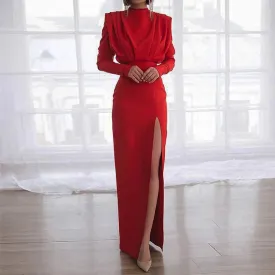 Solid Pleated High Split Long Sleeve Maxi Dress