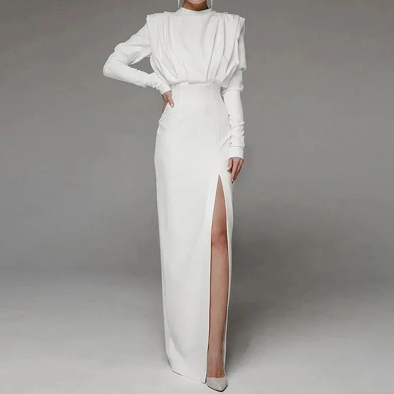 Solid Pleated High Split Long Sleeve Maxi Dress