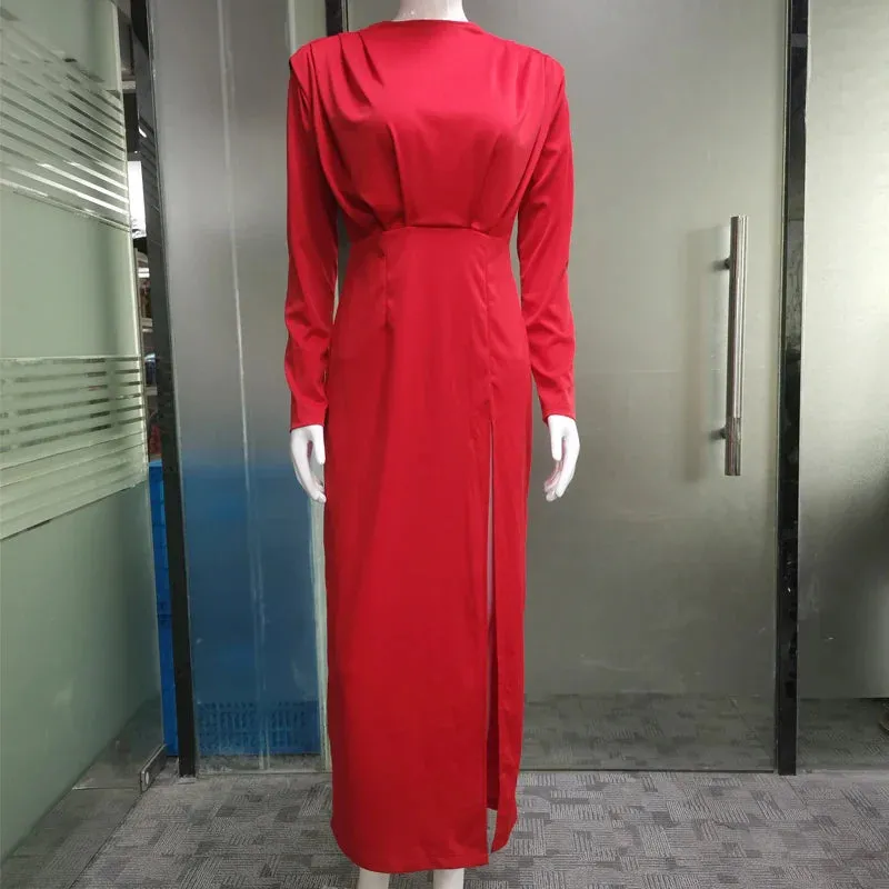 Solid Pleated High Split Long Sleeve Maxi Dress