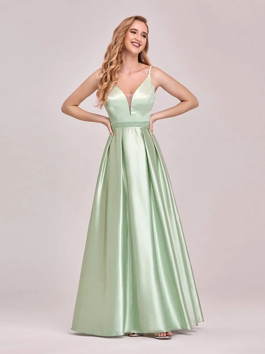 Stunning Deep V Neck A-Line Satin Prom Dresses with Spaghetti Straps