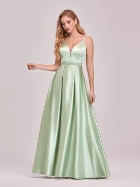 Stunning Deep V Neck A-Line Satin Prom Dresses with Spaghetti Straps