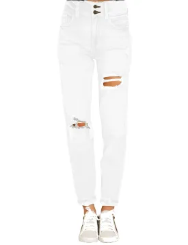 White Double-Button Distressed Denim Jeans