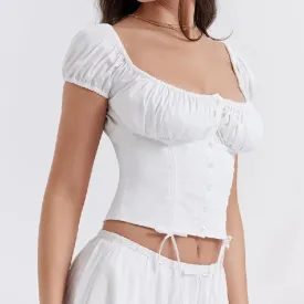 White Ruched Square Waist Short Sleeve Bodycon Crop Blouse